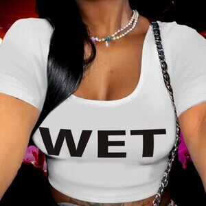 💦 Chic Letter Print Crop Top - "WET", Size Small, Poly Blend